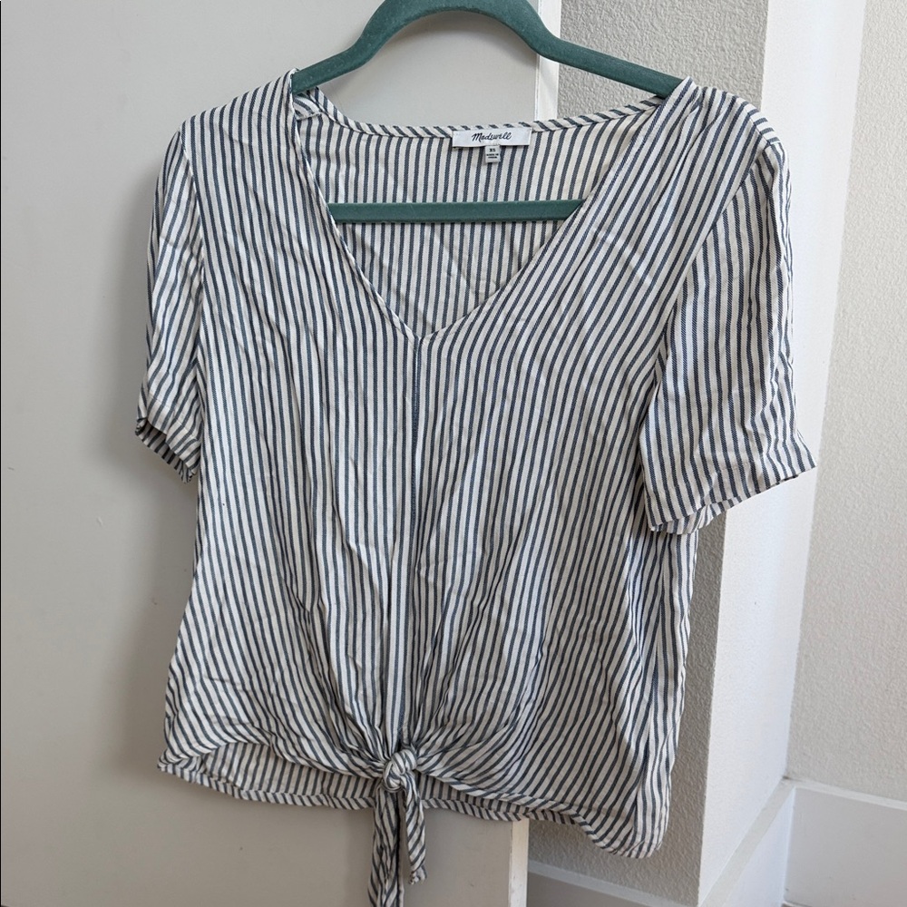 Madewell White and Navy Striped Tie-Front V-Neck Top